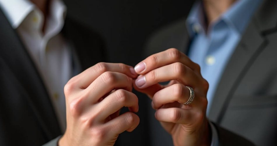 alt="Two men exchanging rings during a same-sex marriage ceremony in Thailand"